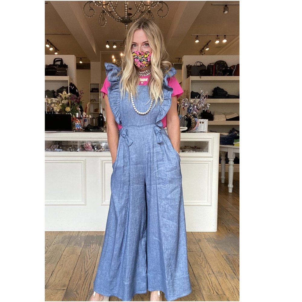 NWT! AMUR Chambray Frilled Jumpsuit - Picture 9 of 9